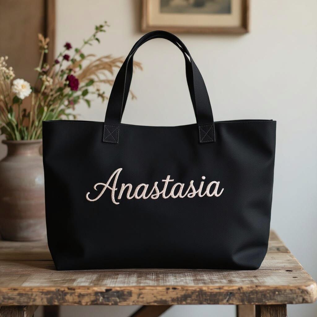 Black Tote Bag with Anastasia Embroidery
