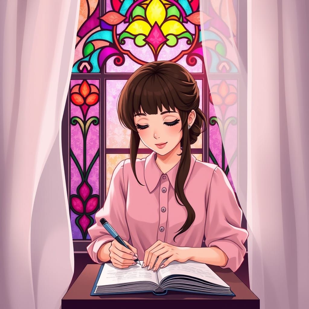 Woman Writes by Stained Glass Window in Kawaii Style
