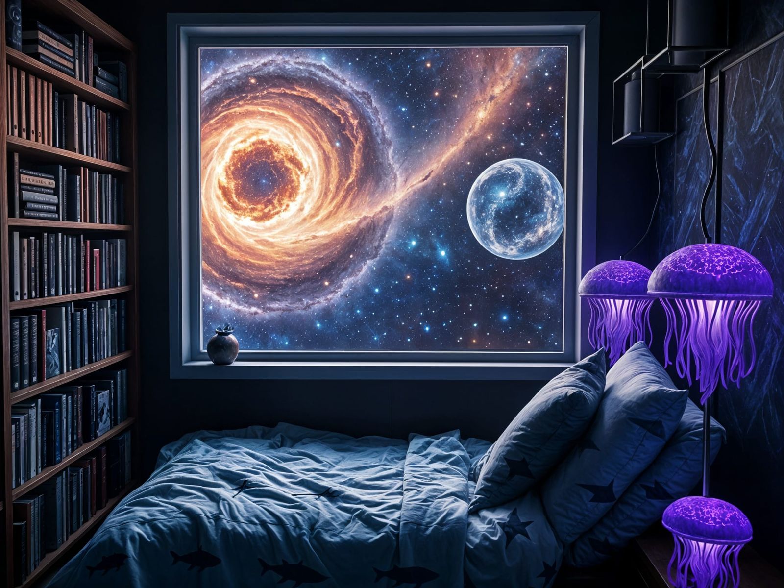 Cyberpunk Reading Nook Overlooking Colliding Galaxies