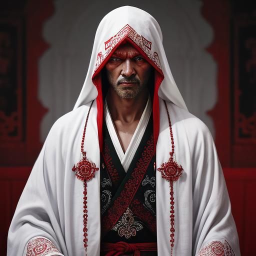 Hyperrealistic Monk in White Robes with Red Accents