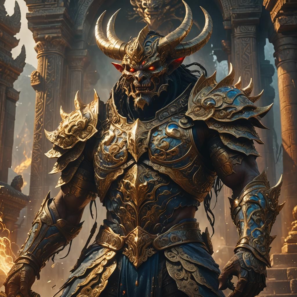Demon and Warrior in Mystical Ancient Temple