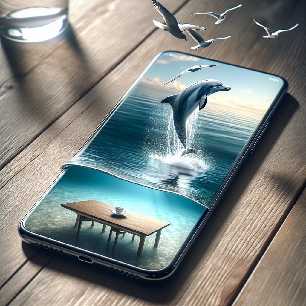 Oceanic Escape: Dolphin Leaps from Phone Screen