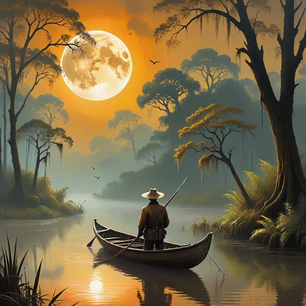 Cajun Fisherman Under Harvest Moon in Bayou