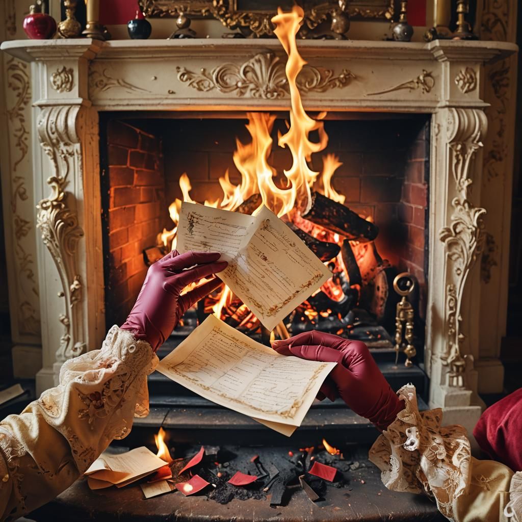 Burning Love Letters in Ornate Fireplace