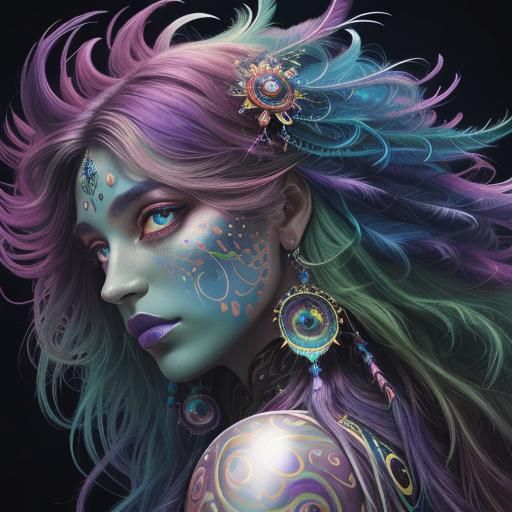 Cosmic Woman Portrait with Rainbow Skin and Feathers