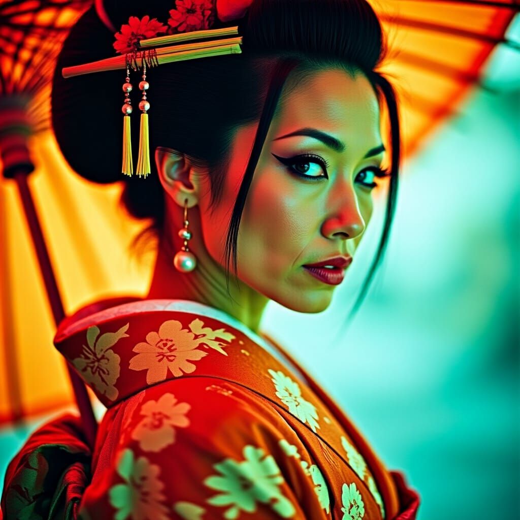 Punk Geisha Portrait in Bold Lines and Vibrant Colors
