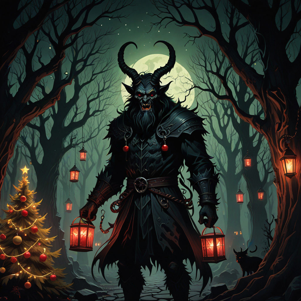 Krampus in Dark Whimsy Holiday Scene