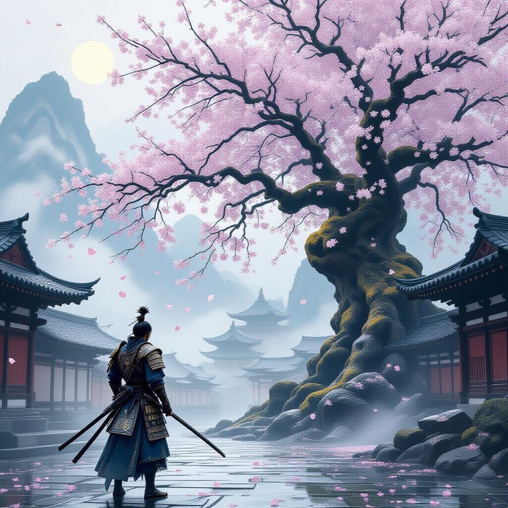 Samurai Under Ancient Cherry Blossom Tree in Mist