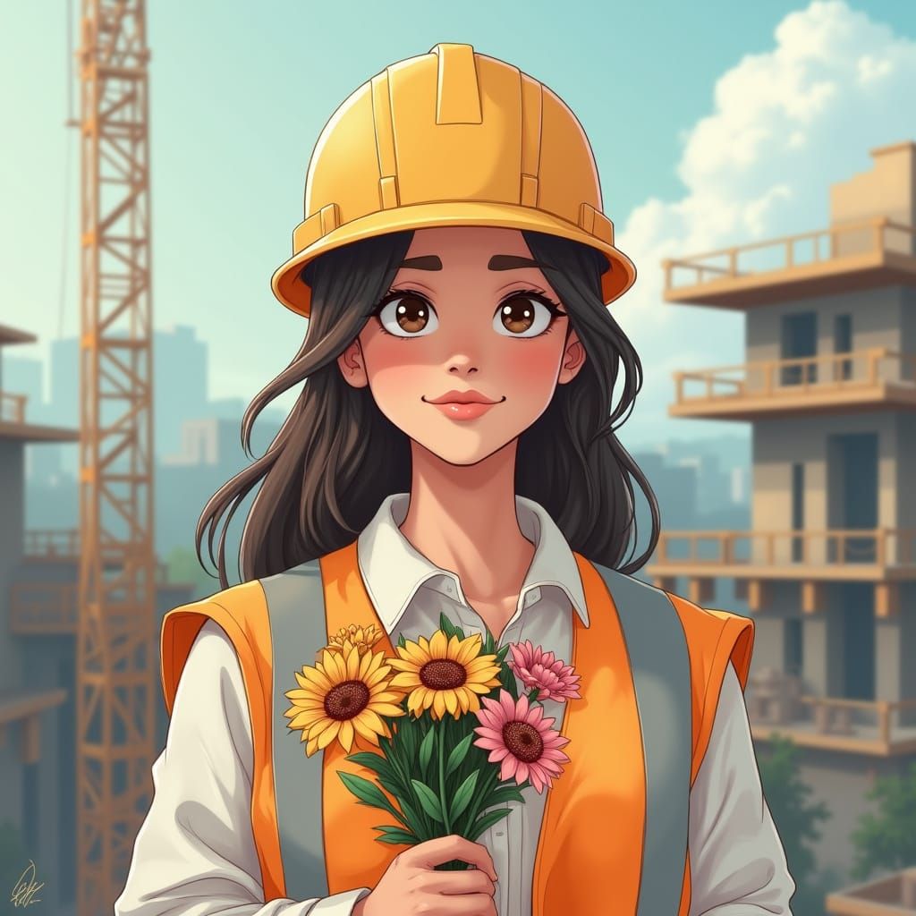 Construction Worker Woman in Floral Hard Hat with Soft Textu...