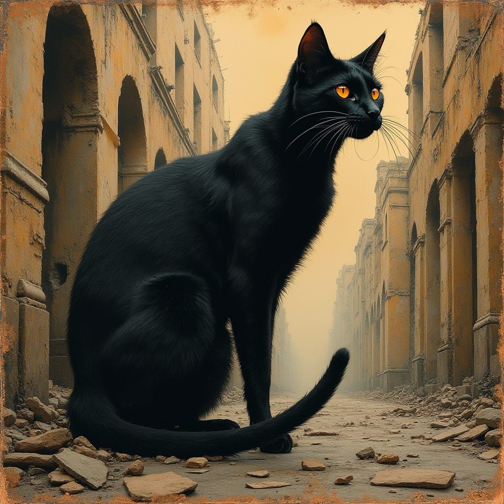 Black Cat Portrait on Tea-Stained Parchment