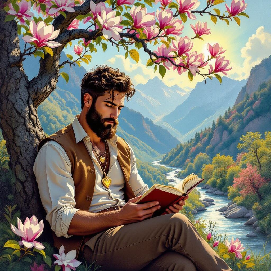 Man Reading in Mountains, Graphite and Pencil Style