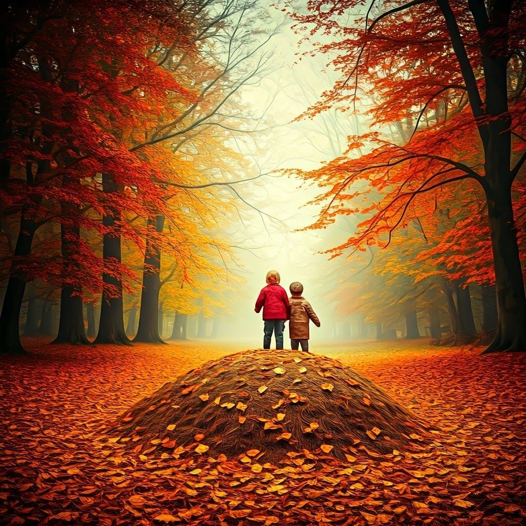 Children Playing in Autumn Leaves, Art Nouveau Style