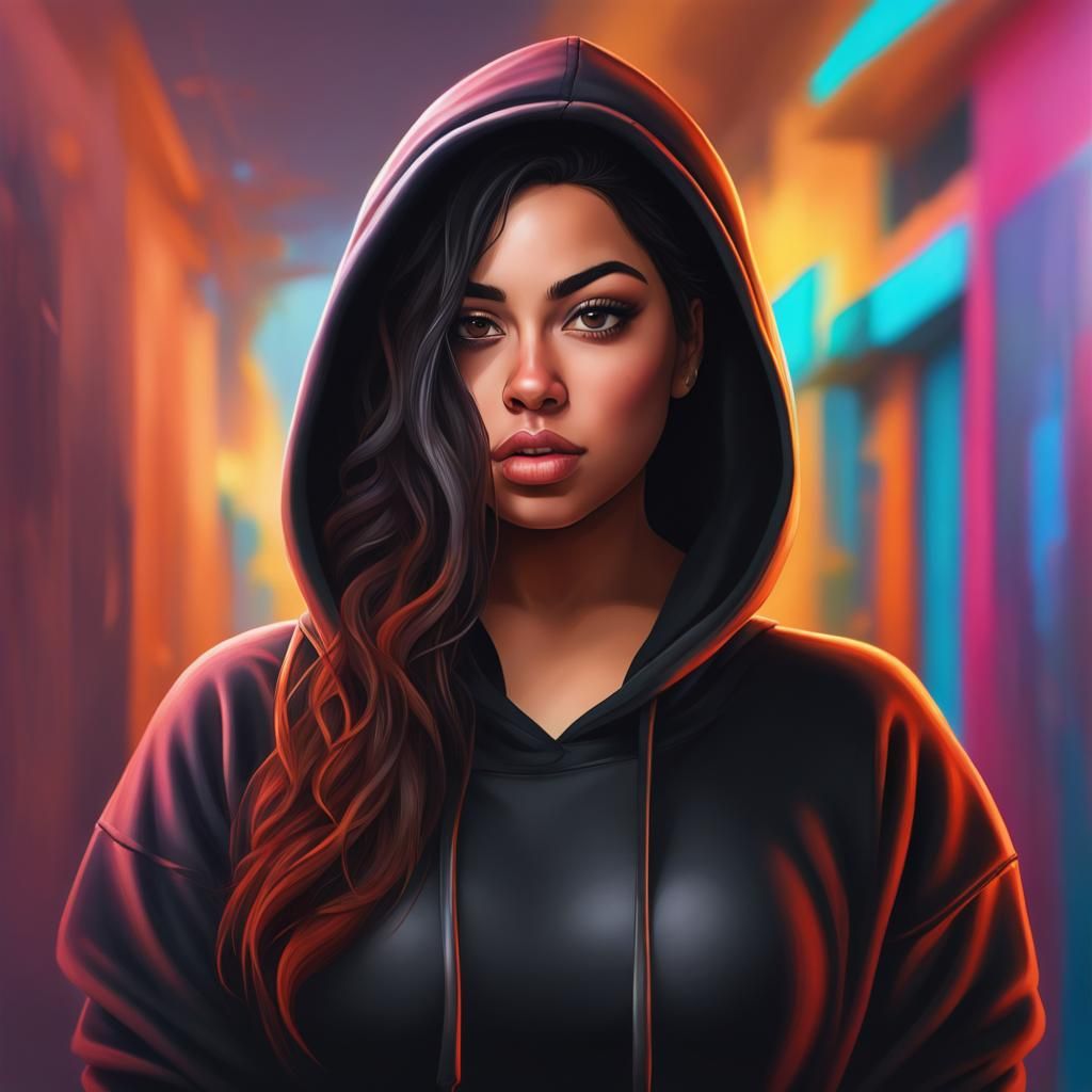 Realistic Latina Girl in Hoodie: Splash Art Style