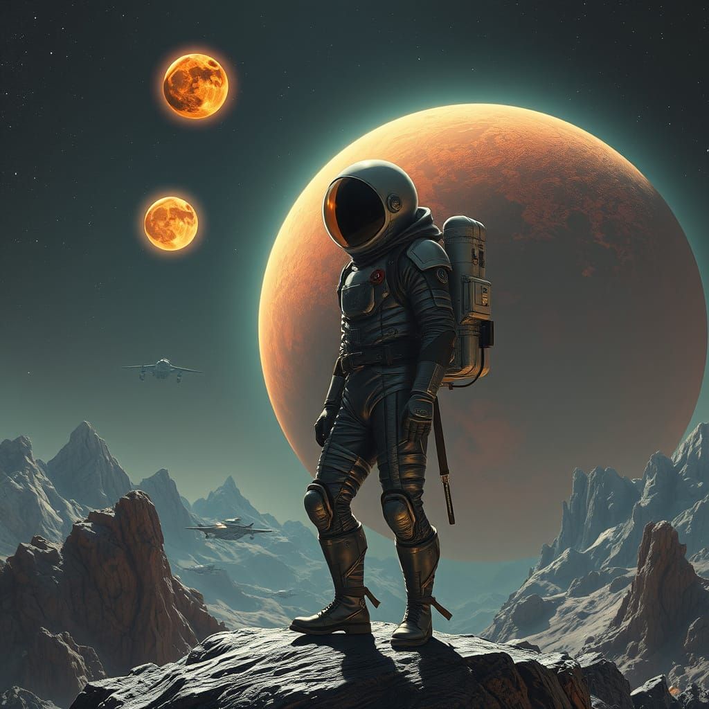 Futuristic Space Explorer on Red Moon