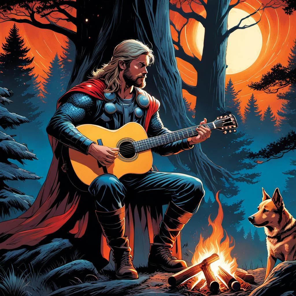 Thor Plays Guitar by Campfire in Moonlight