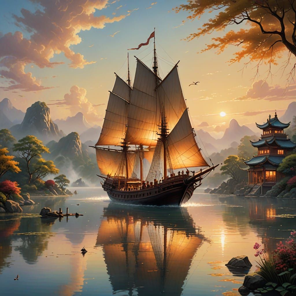 Majestic Chinese Junk Sails Across Serene Lake in Golden Lig...