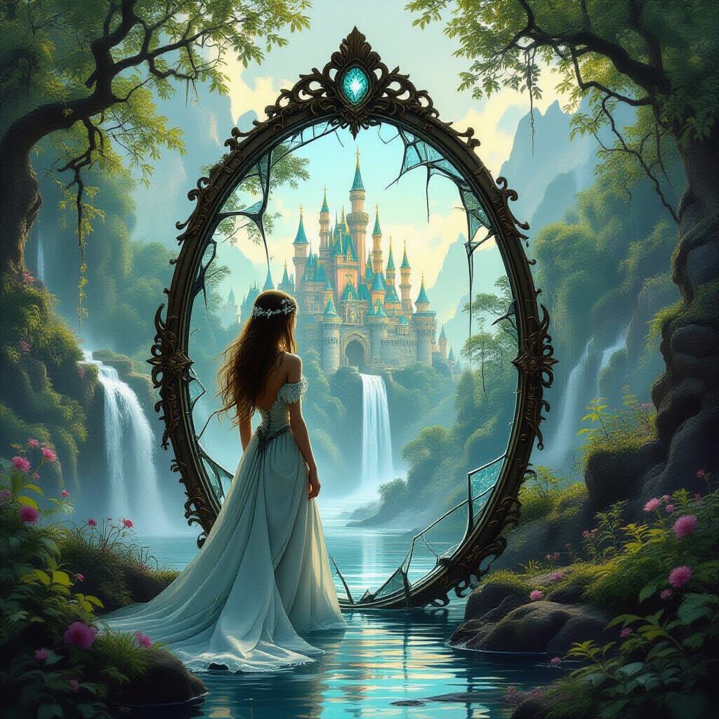 Elf Maiden in Fantasy Realm Through Shattered Magic Mirror