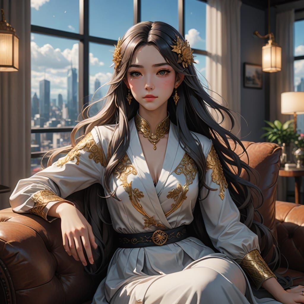 Beautiful Woman in Luxurious Penthouse, 3D Anime Art