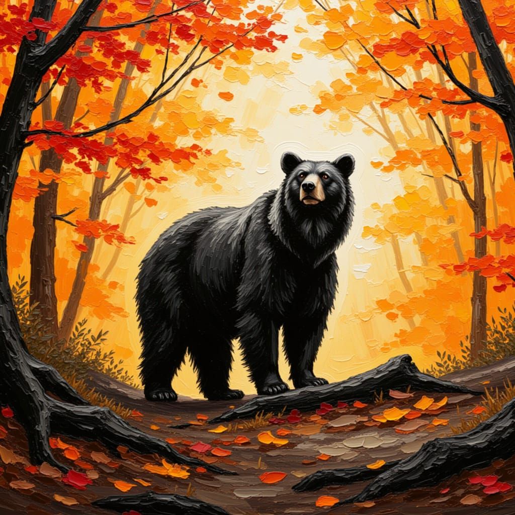 Bear in Autumn Leaves as Impasto Concept Art