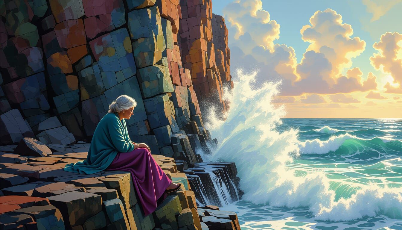 Woman on Rocky Cliff Overlooking Raging Sea in Dramatic Styl...