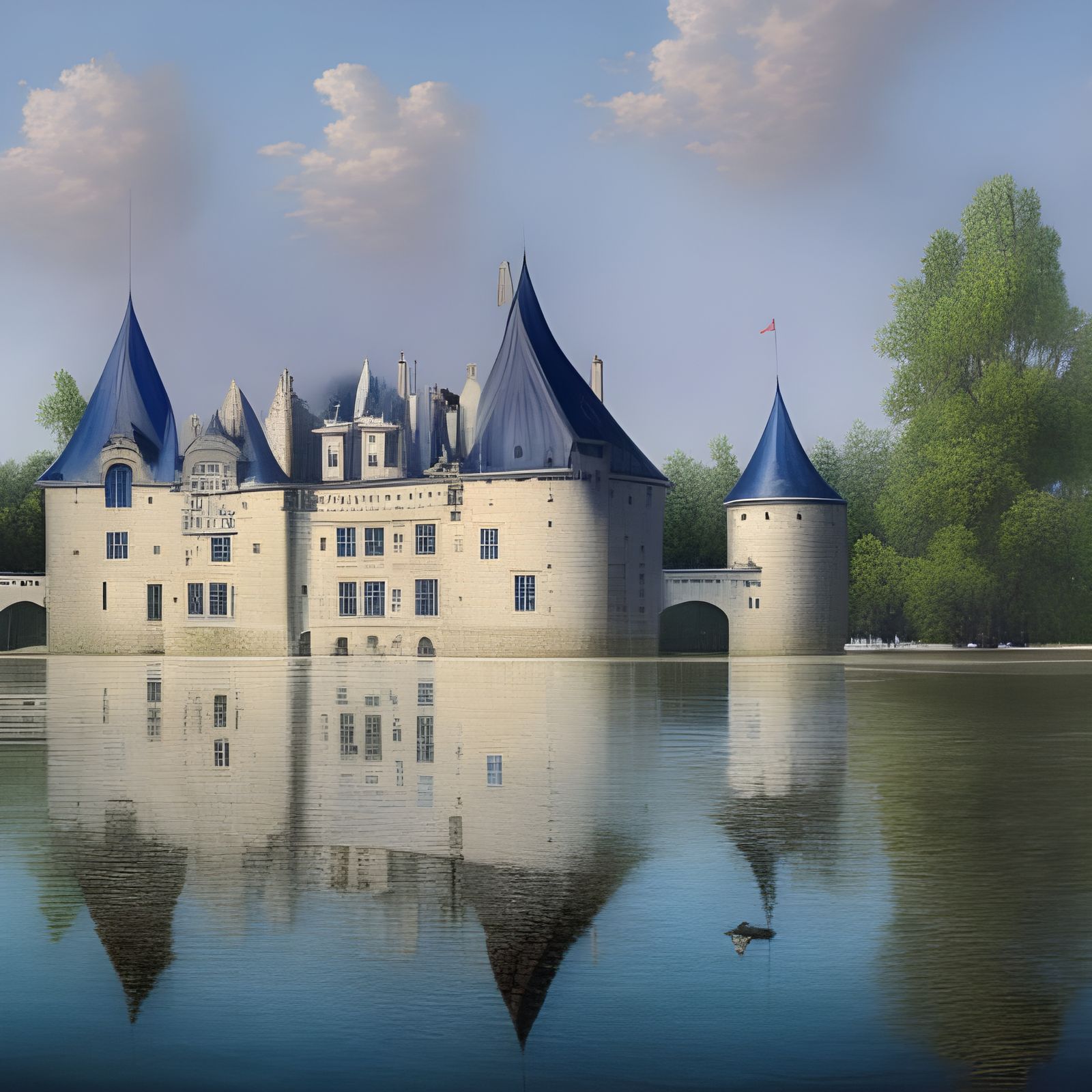 Medieval Chateau Reflected in Lake, Detailed Matte Painting