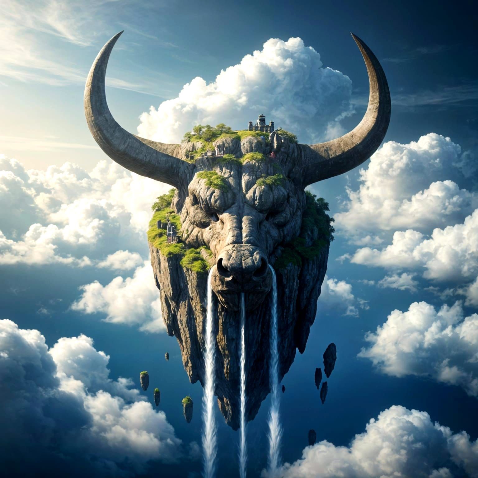 Majestic Floating Bull Island with Cascading Waterfalls