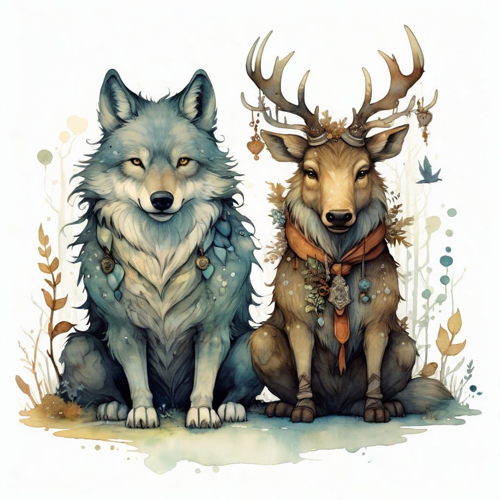 Wolf and Elk Friends in Whimsical Illustration Style