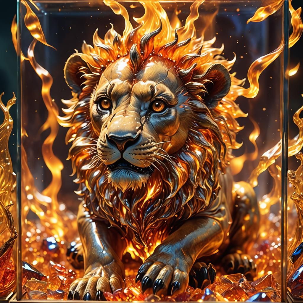 Fiery Glass Lion Cub in Fantasy Jewelry Box