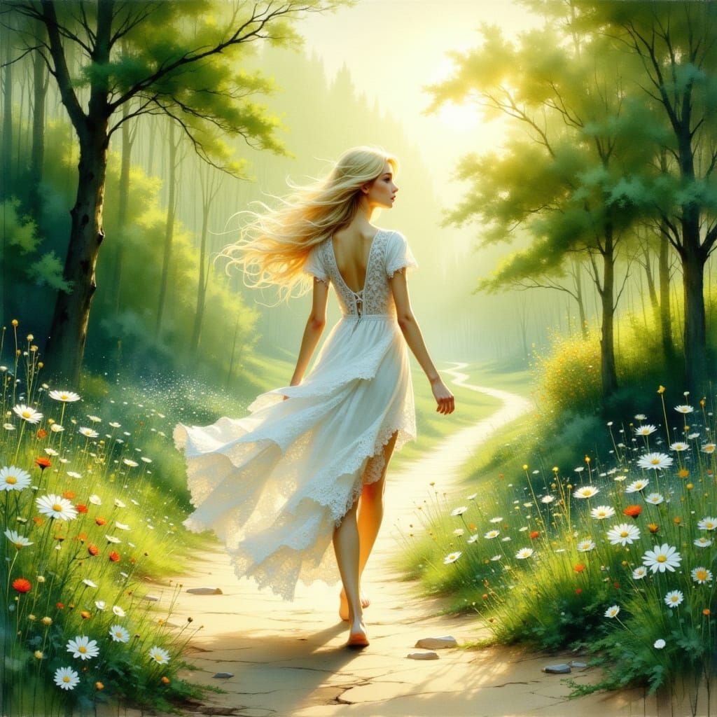 Ethereal Blonde Woman Walks Dreamy Impressionist Path
