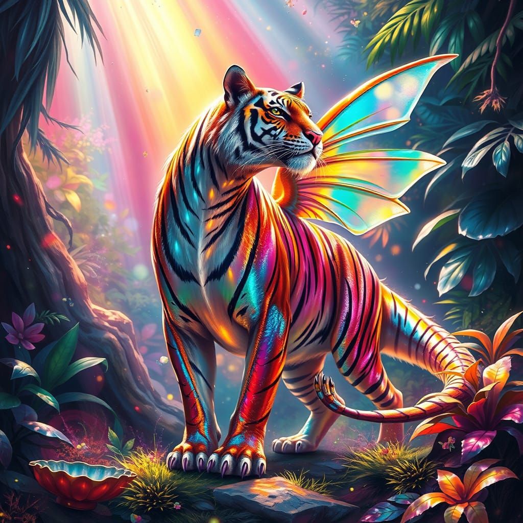 Dreamlike Fairy Dragon Tiger Amidst Vibrant Rainbows