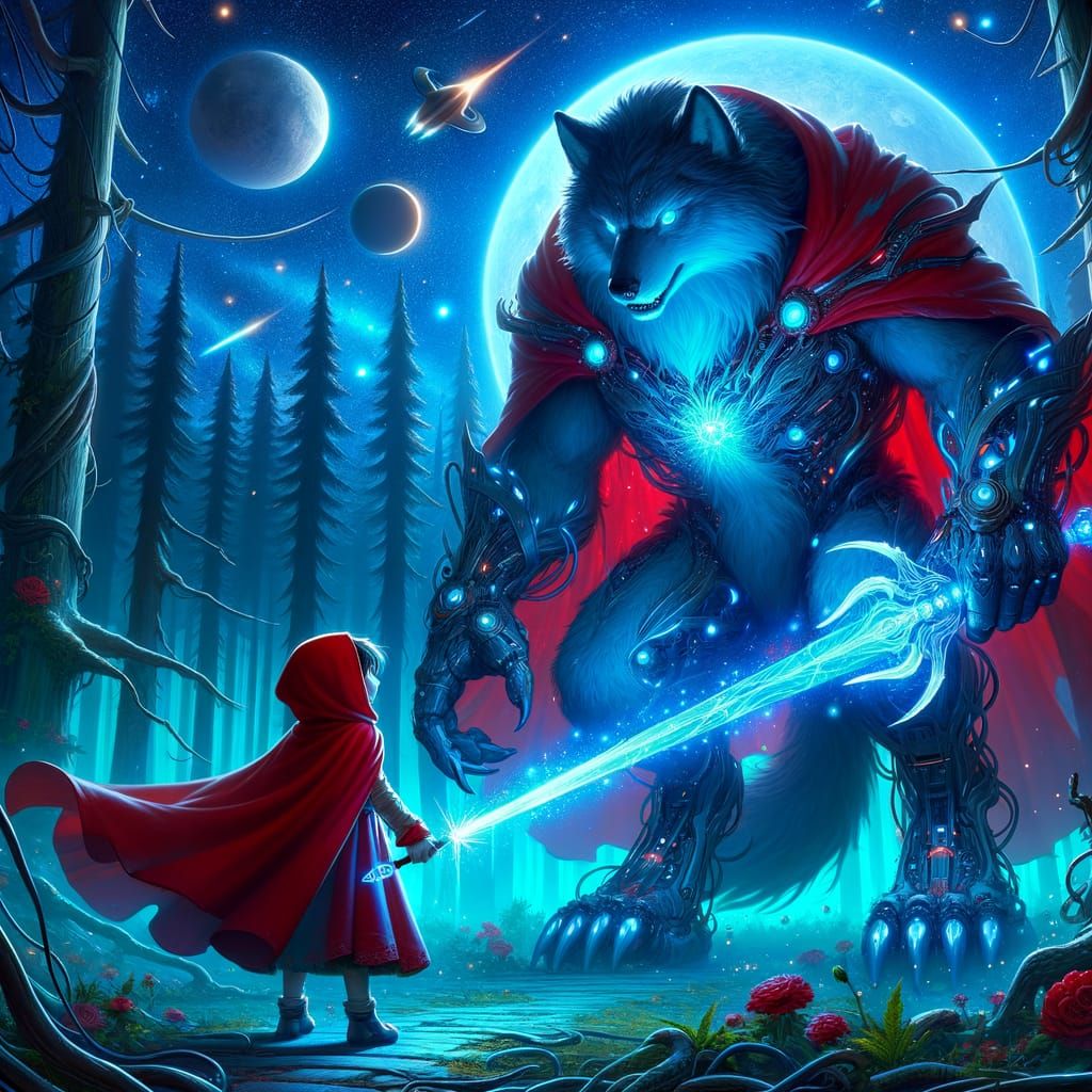 Fairy Tale Heroine Battles Cosmic Wolf in Sci-Fi Forest