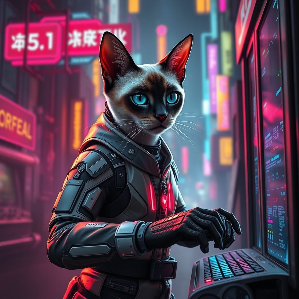 Cyberpunk Siamese Cat Hacking Mainframe in Neon City