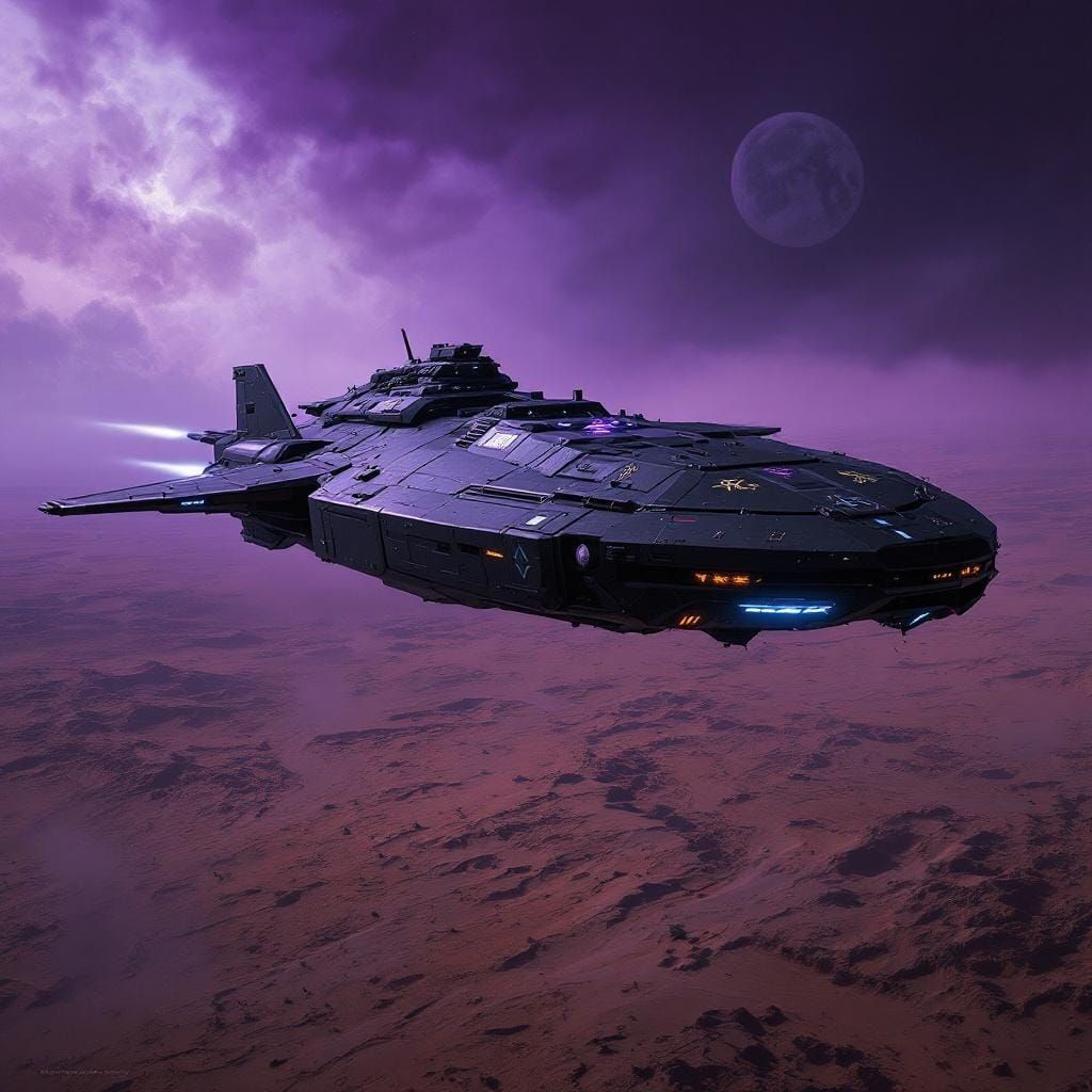 Heavily Modified Starship Glides Over Scarred Moon