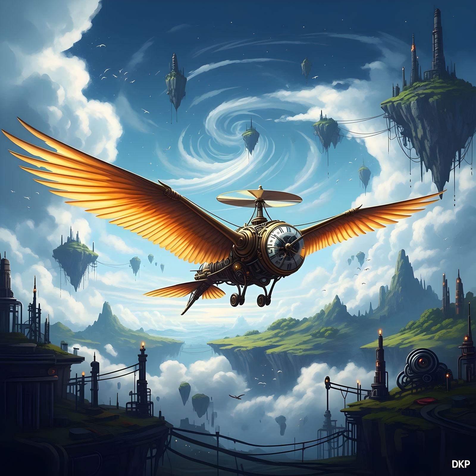Steampunk Ornithopter Soaring Through Cloudy Skies