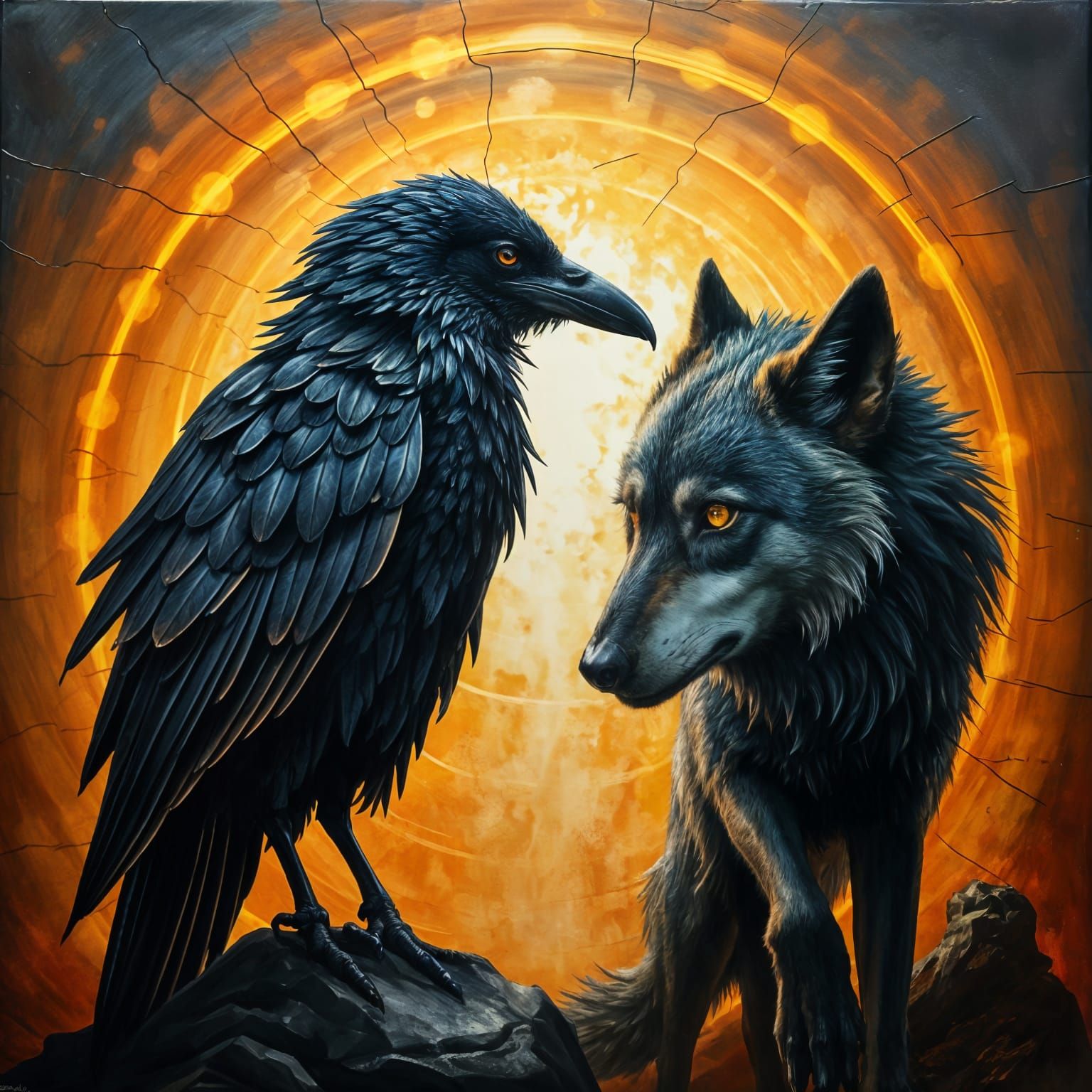 Raven and Wolf in Mythic Surreal Encounter
