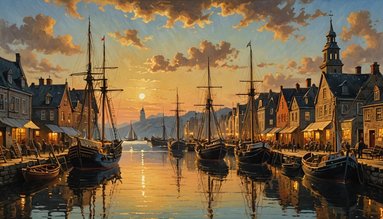 Dutch Harbor Sunset in Impasto Oil Painting