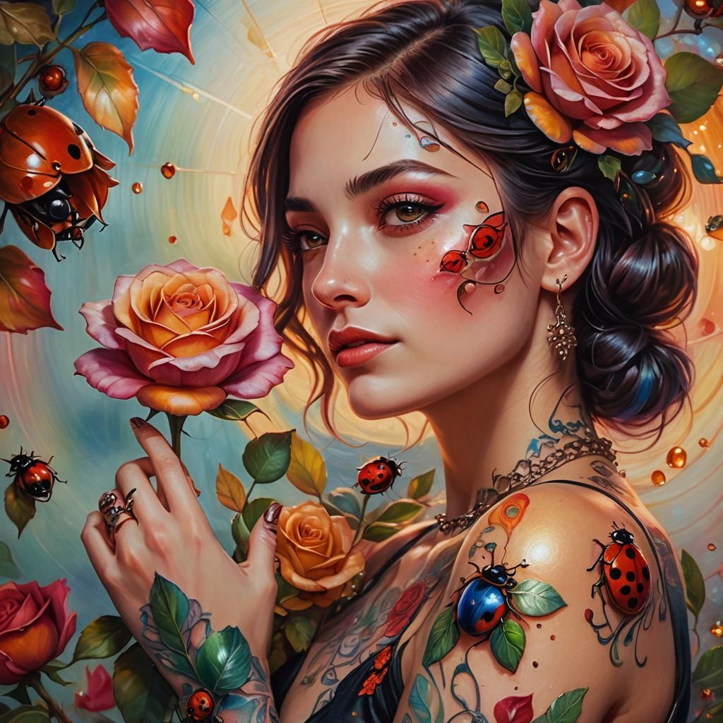 Rose and Ladybug Tattoo in Art Nouveau Style