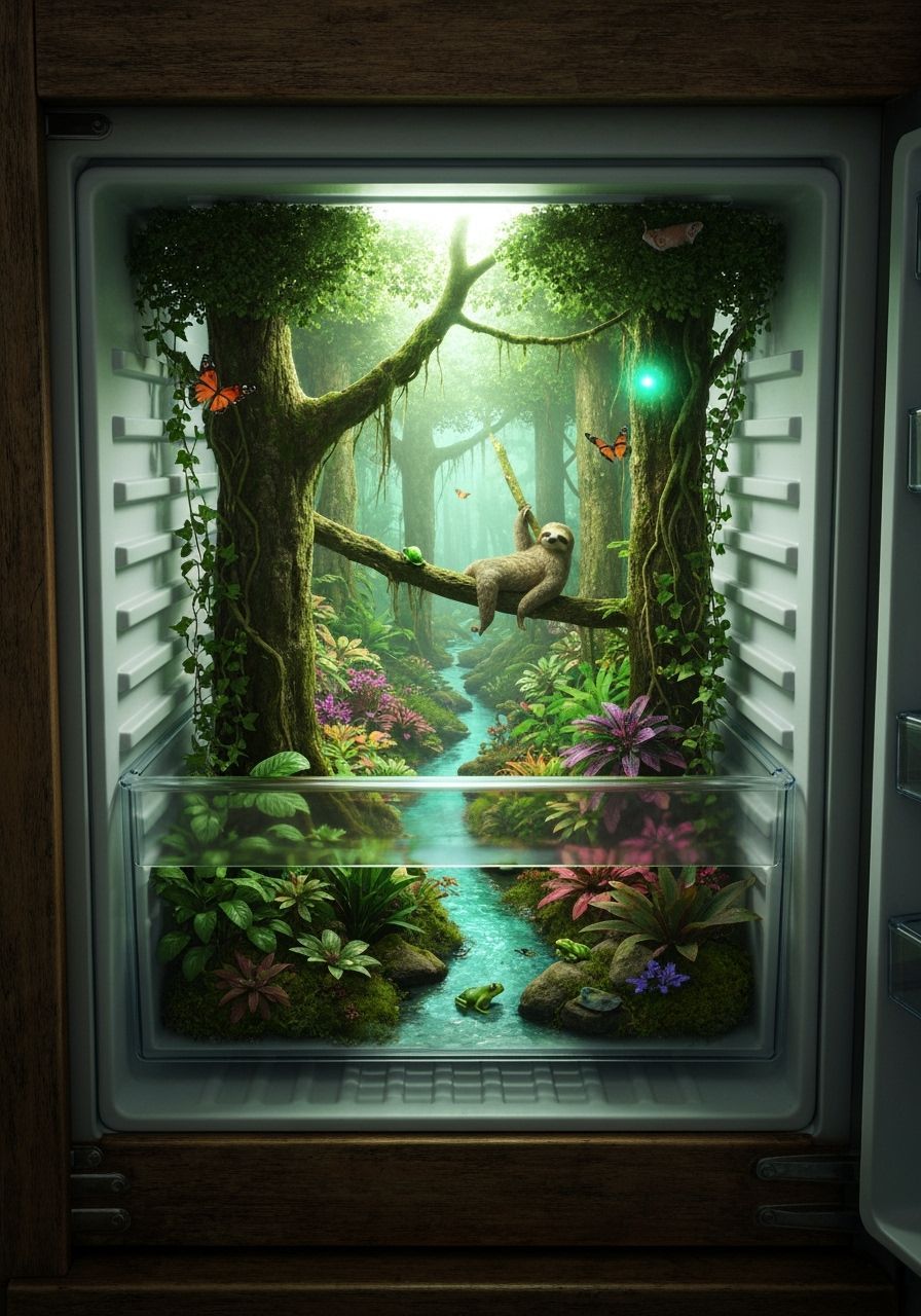 Rainforest Reclaims Refrigerator: A Surreal Ecosystem