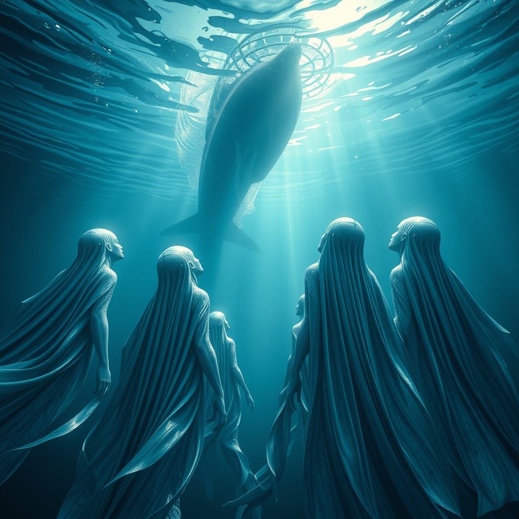Aquatic Humanoids Gaze at Ship: Ethereal Digital Art