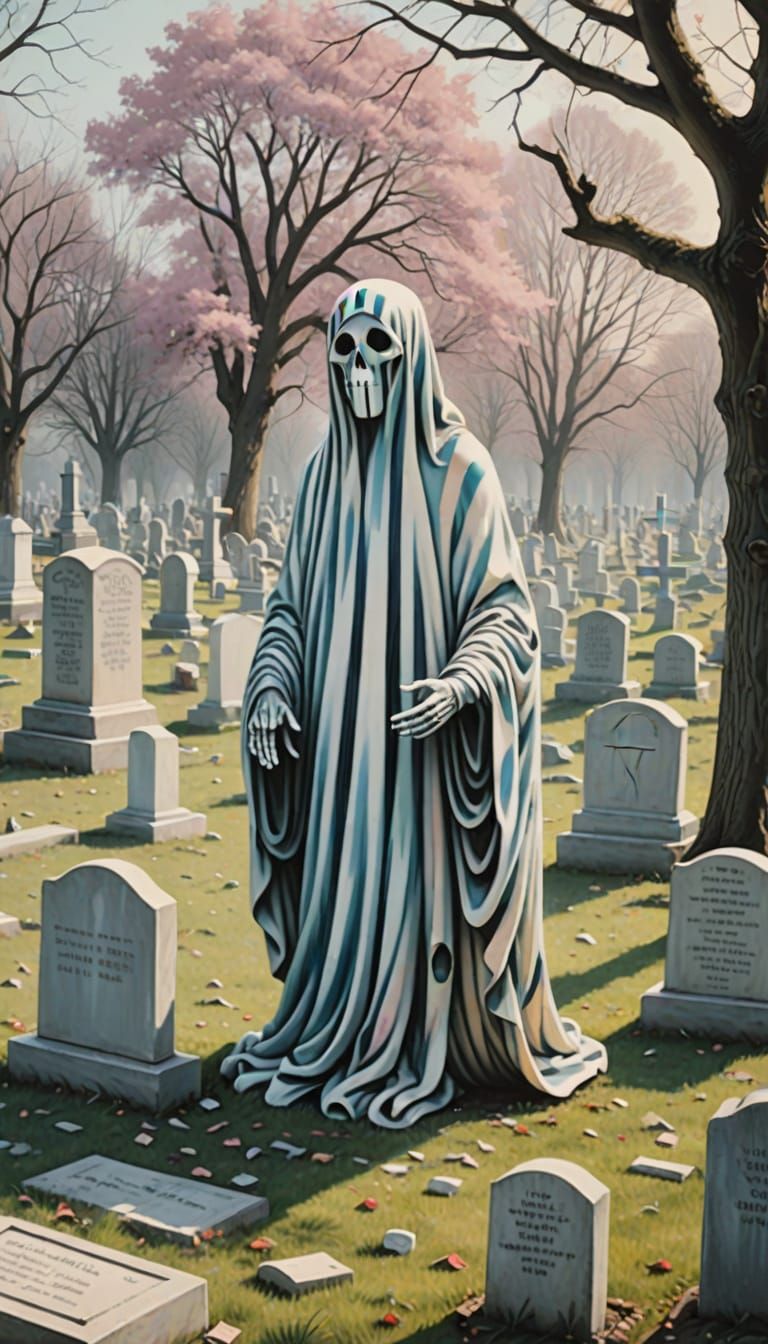 Dadaist Anti-War Ghost in Cemetery with Pastel Colors