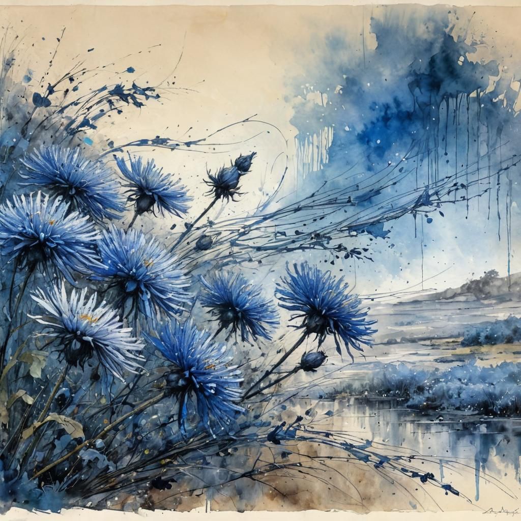 Blue Asters in Ink Splash Art