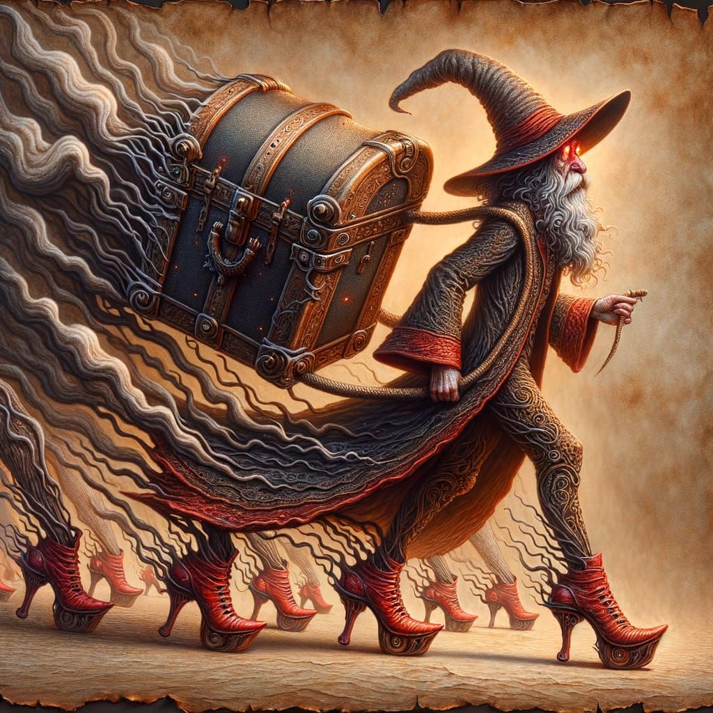 Enchanted Wizard and Luggage Emerge from Parchment