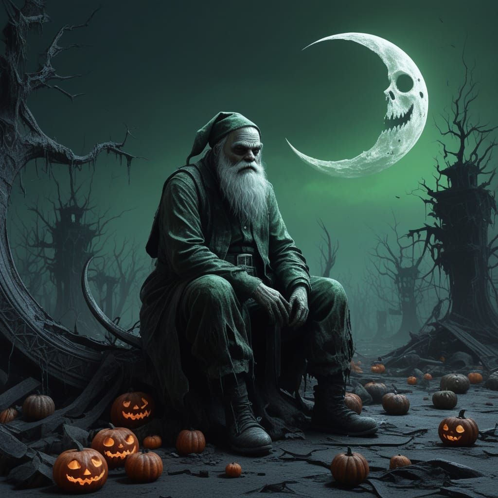 Creepy Santa on Moon with Halloween Decor