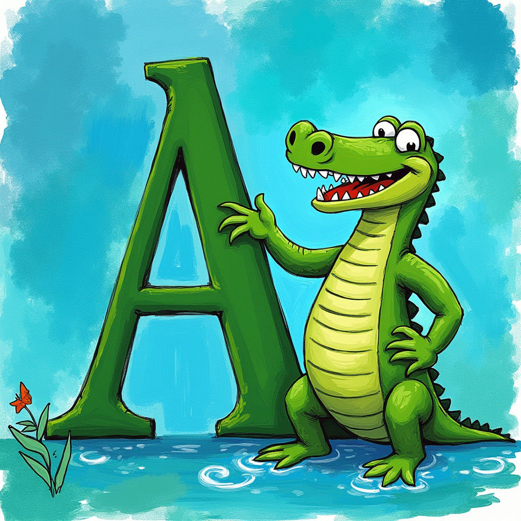 Stylized Letter Aa with Alligator in Children's Book Style