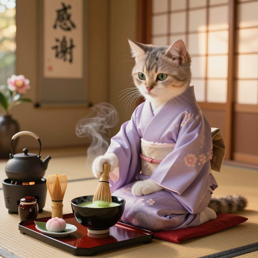 Anthropomorphic Cat Prepares Japanese Tea Ceremony in Golden...