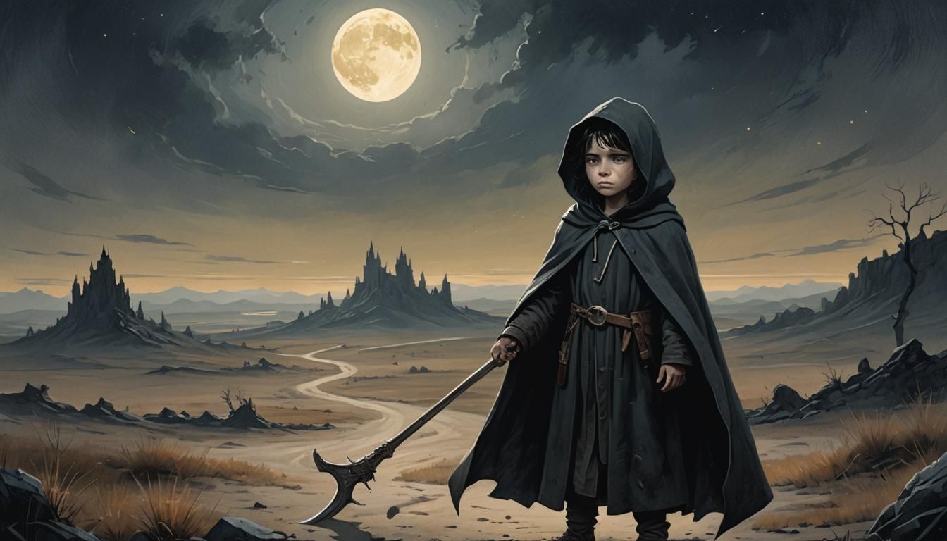 Child Grim Reaper in Dark Fantasy Watercolor