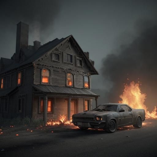 Burning Car Outside Motel in 3D Game Style
