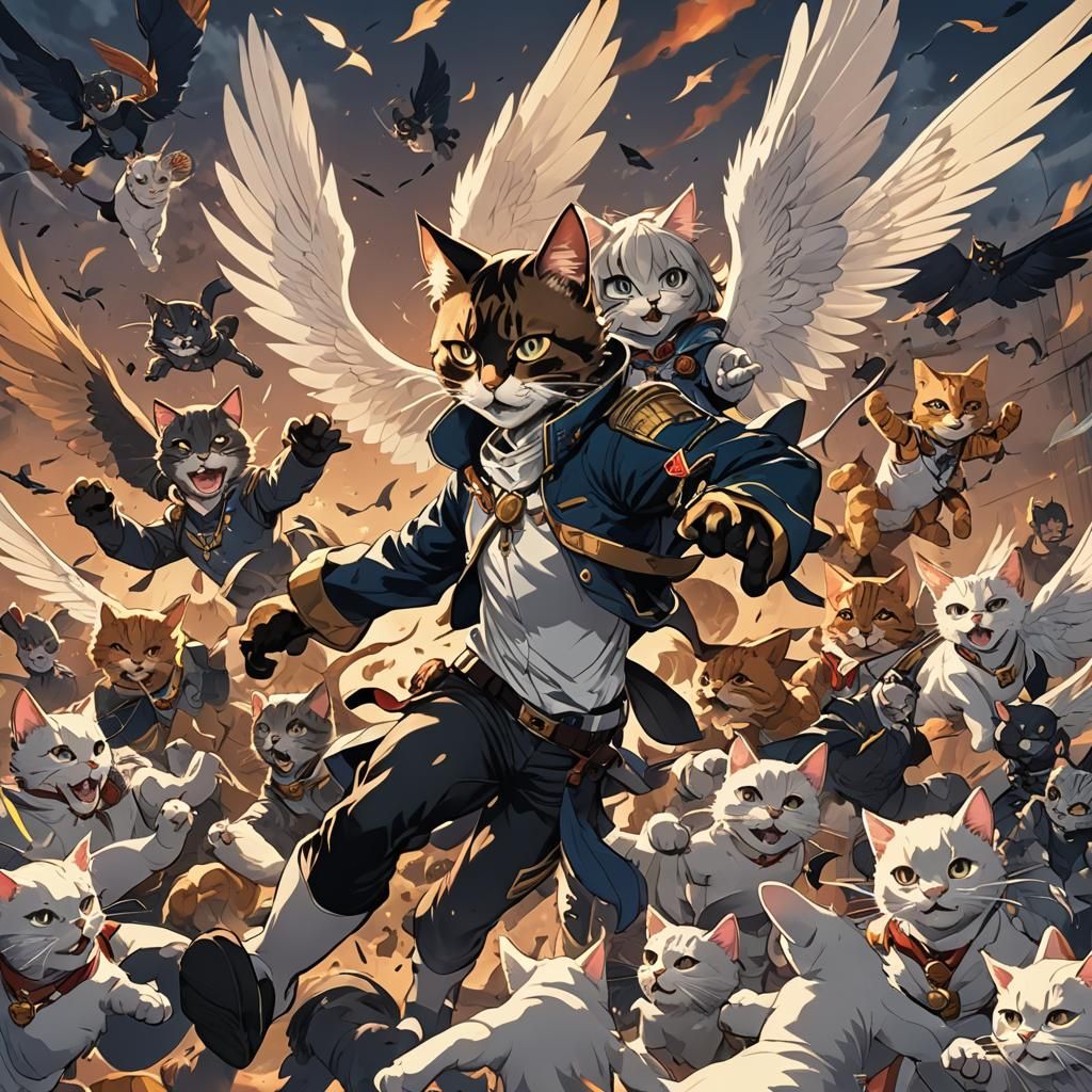 Winged Cats Attack: Cel-Shaded Anime Art