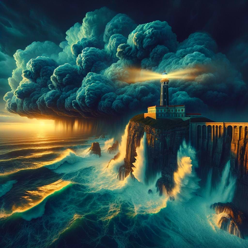 Surreal Lighthouse on Stormy Cliff Edge