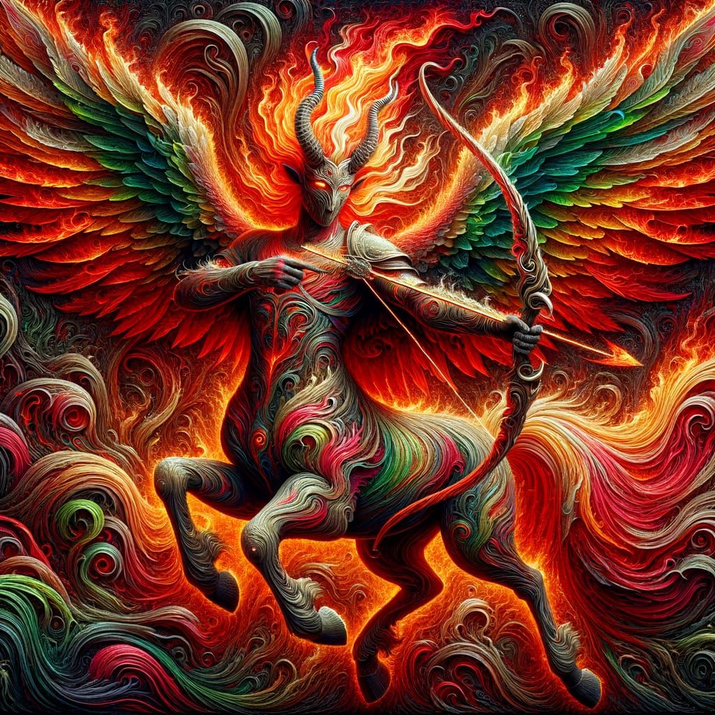 Fiery Centaur Archer with Demonic Angel Mural